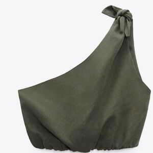 Zara Olive One-Shoulder Knot Crop Top